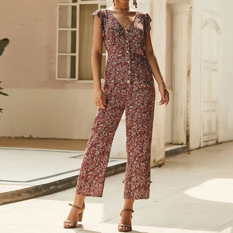 2019 Fashion Womens Floral Ruffle V Neck Button Jumpsuit Female Casual Boho Hot Summer Holiday Short Sleeve Romper Jumpsuit 2019 Fashion Womens Floral Ruffle V Neck Button Jumpsuit Female Casual Boho Hot Summer Holiday Short Sleeve Romper Jumpsuit