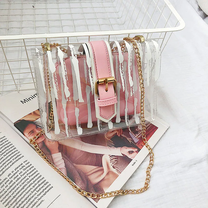 

2019 Striped Clear Transparent PVC Women Messenger Crossbody Bag Chains Candy Color Jelly Summer Beach Bag 2Pcs Women Handbag