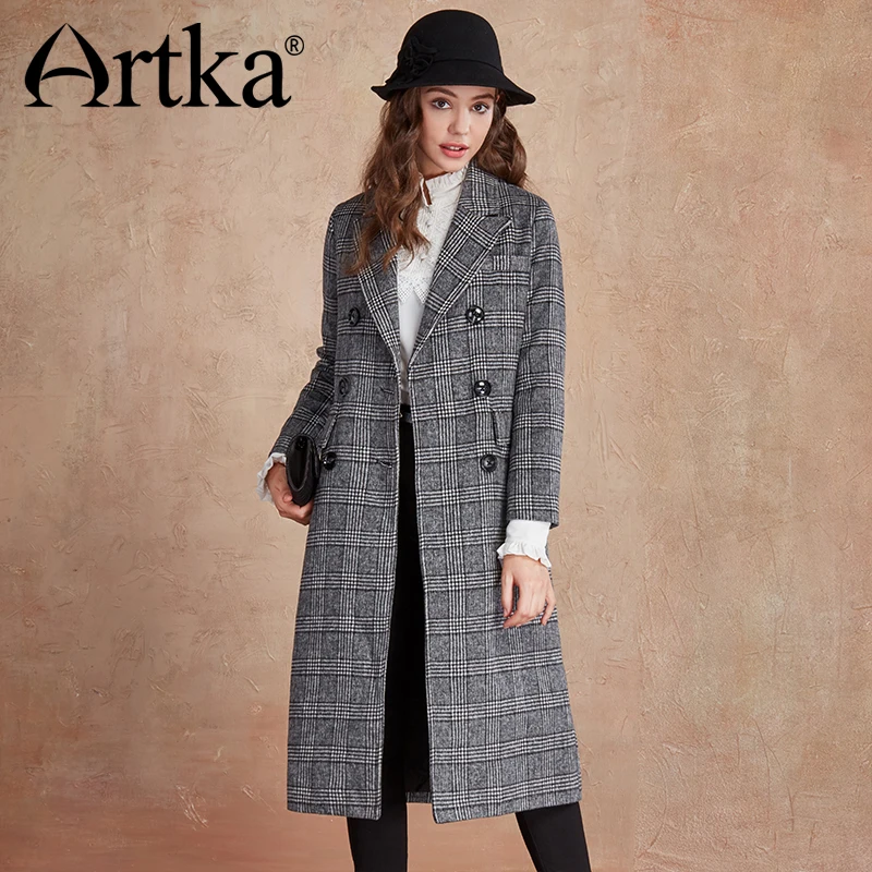 Женское двубортное пальто ARTKA длинное в клеточку Осень зима 2018|plaid coat|coat elegantwool coat |