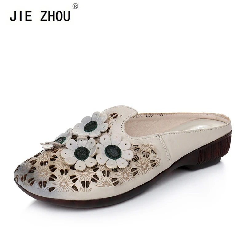 

Women Slippers Genuine Leather Flowers Female Mules Summer Fashion Low Heels Shoes Woman Round Toe Outside Woman Slippers