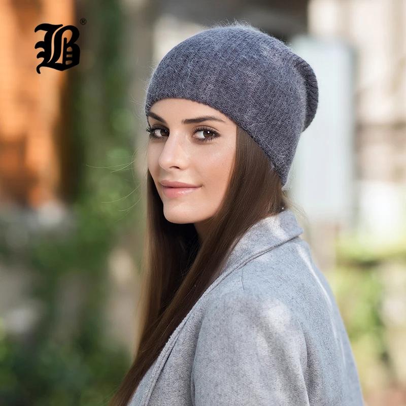 [FLB] двухслойные Мягкие вязаные толстые шапки с кроликом, теплые шапки, однотонные зимние шапки для женщин, шапка Skullies Beanies, F18059