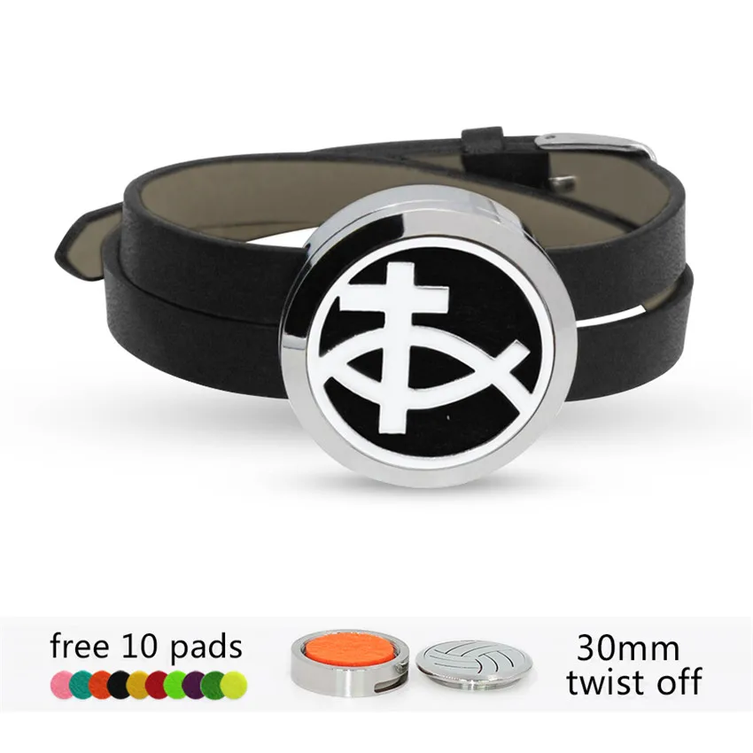 

Jesus Fish cross Aroma Locket wrap Bracelet Twist screw Stainless Steel Diffuser Perfume bracelet Locket with 10p Pads randomly