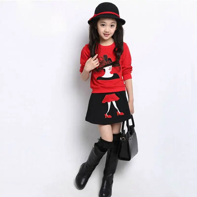 

2016 Hot Sell Kids Clothes Girls Clothing Sets Autumn Girl Cotton Long-sleeve Sweatshirts +Skirts Two Pieces Set 3 Colors