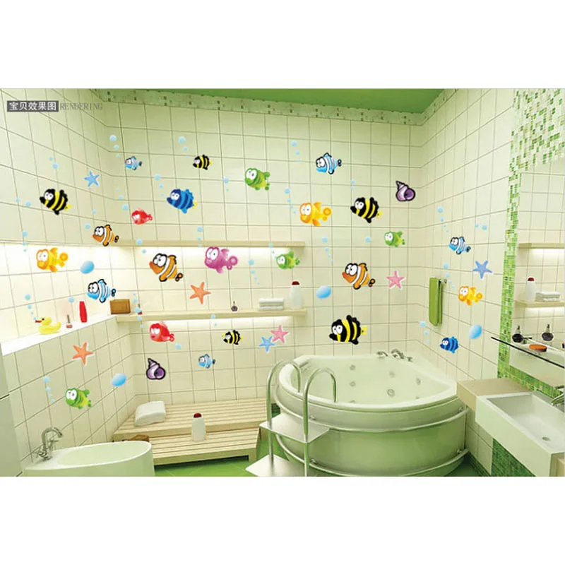 45*60cm Baby Bathroom Stickers Cartoon Removable Vinyl Art Kids Home Decor Mural Fishing Ocean Sea Fish Wall Sticker Decal