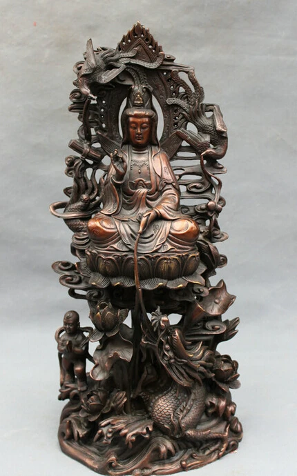 

USPS to USA S1590 18" Chinese Pure Bronze Dragon Phoenix Kid Lotus Pot Kwan-yin GuanYin Statue B0401