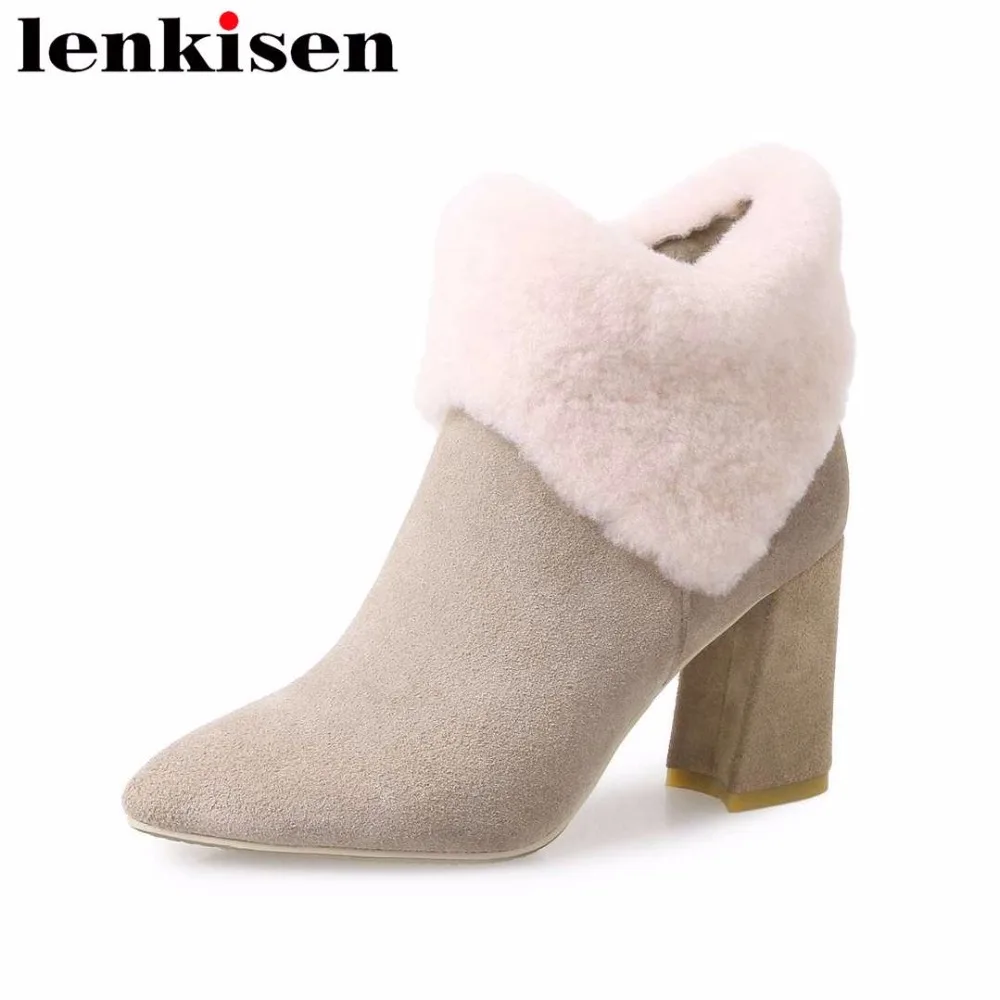 

Lenkisen elegant lady sheep fur pointed toe high heels zipper keep warm natural leather sexy woman winter ankle snow boots L20
