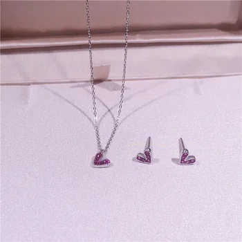 

Simple Designer Women Earrings Stud Bijoux Fashion Women Romantic Jewelry Set Pure 925 Sterling Silver Heart Pendant Necklace