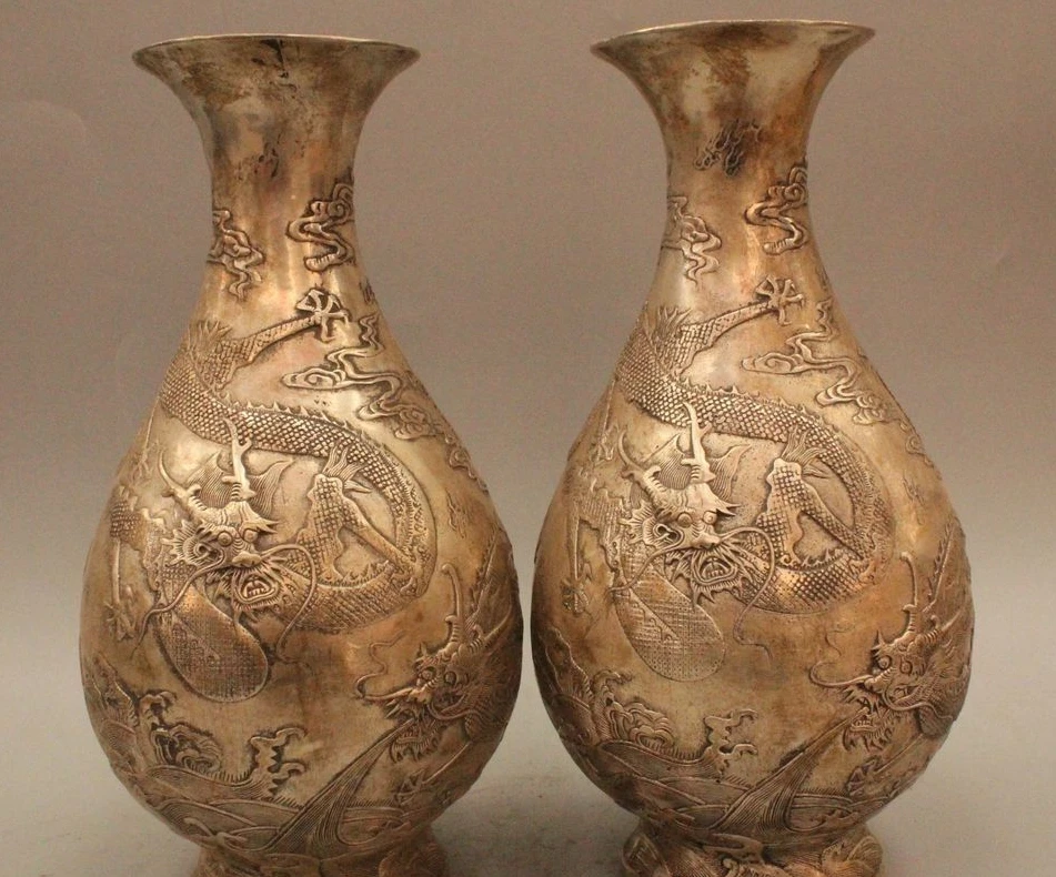 

10" Marked China Chinese Dynasty Palace Silver Dragon Play Bead Statue Vase Pot