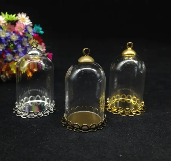 

3pcs 30*20mm tube bell glass globe bubble gold DOUBLE LACE tray cap glass vial pendants fashion necklace glass dome cover diy