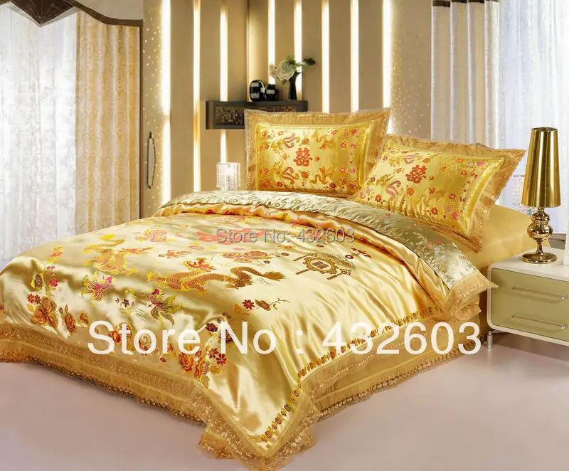 Chinese Gold Dragon Wedding Silk Satin Bedding Sets Duvet Cover Sets