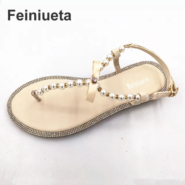 Brand women's sandals 2017 summer beaded stone pearl female sandals Rome flat sandwich toe women's sandals flat wedding shoes