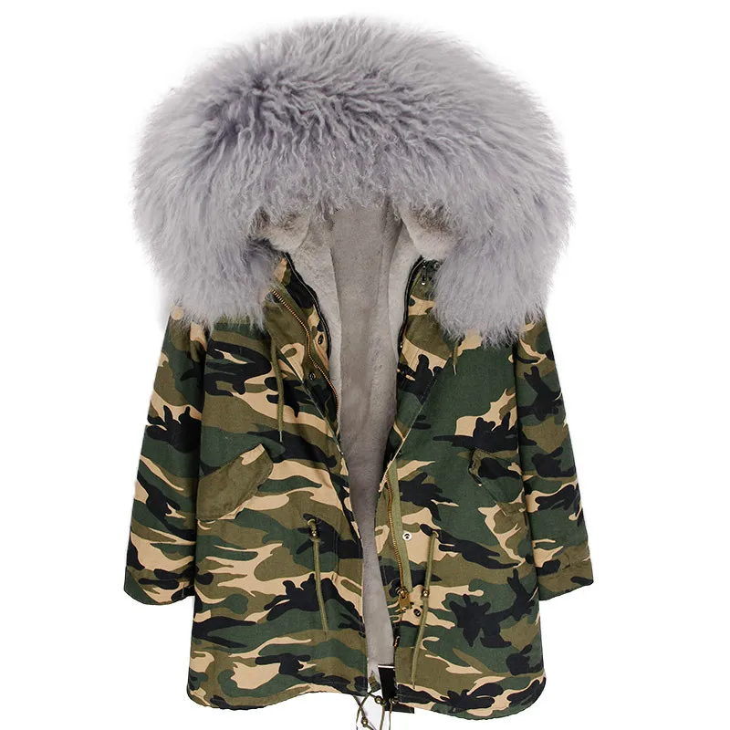 OFBUT winter jacket women real fur coat long parka natural Mongolia Sheep Fur collar hood thick warm streetwear brand new - Цвет: camouflage grey