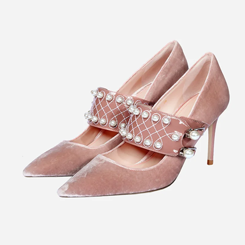 

2018 Woman Pumps High Thin Heels Woman Stiletto Pearl Decor Pointed Toe Wedding Party Runway Shoes Brand Hot Chic Buckle Shoes