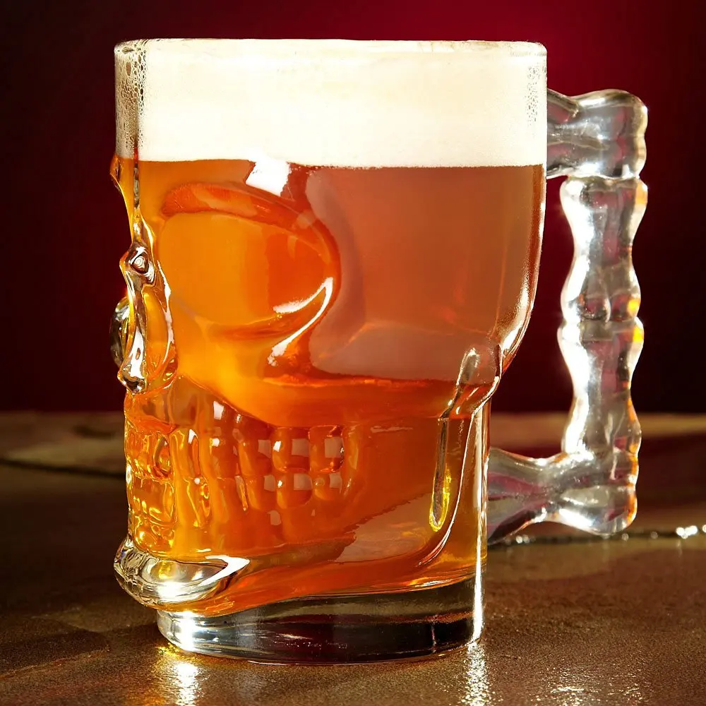 

Clear Heavy Base Glass Skull Face Drinking Mug cup with Glass Handles, 18 Ounce (500ml)1 Beer Juice Water Drinking Glass(00280)