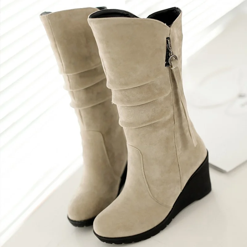 

Big size 4-10.5 mid-calf boots fringe flock short plush designer women's high boot warm luxury women shoes winter