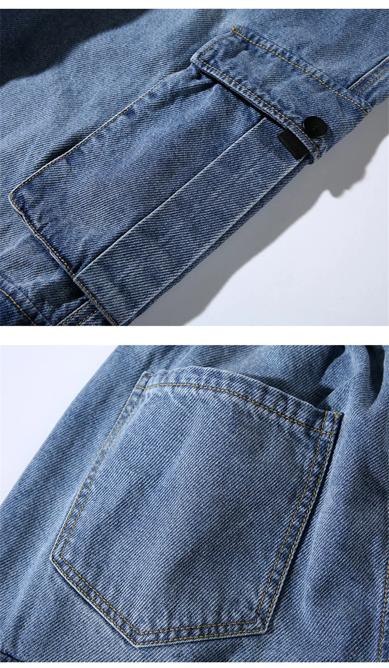 2019 New Loose Men's Cargo Pants Jeans Fashion Male Camouflage Patchwork Big Pockets Denim Trousers Hip Hop Man Multi-Pockets Jeans  (6)