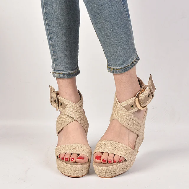 JT-7708A-beige Женские босоножки; Новинка года; Летние босоножки на платформе; модная женская обувь на танкетке с пряжкой и ремешком; сандалии-гладиаторы; Соломенная женская обувь - Цвет: JT-7708A-beige