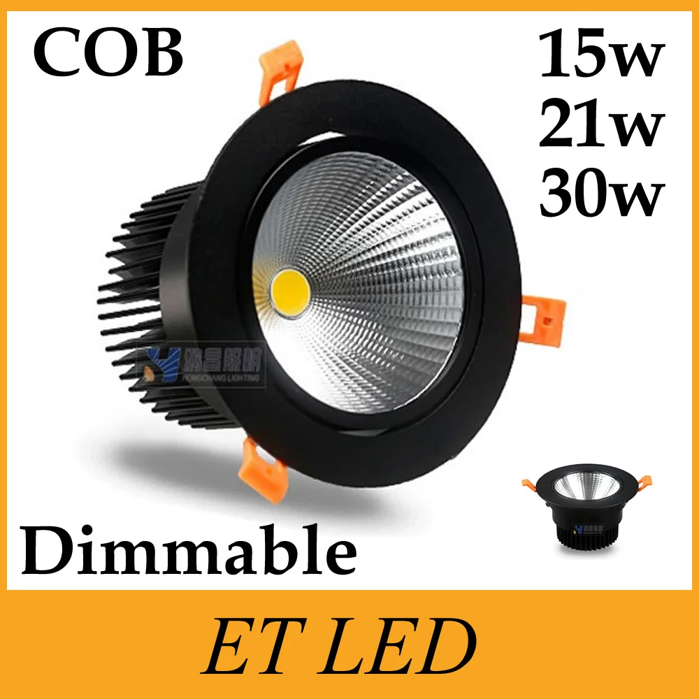 

led downlight cob dimmable 15w 21w 30w black shell AC 220V 110V spotlight ceiling lamp Warm/Nature /Cool White Freeship DHL