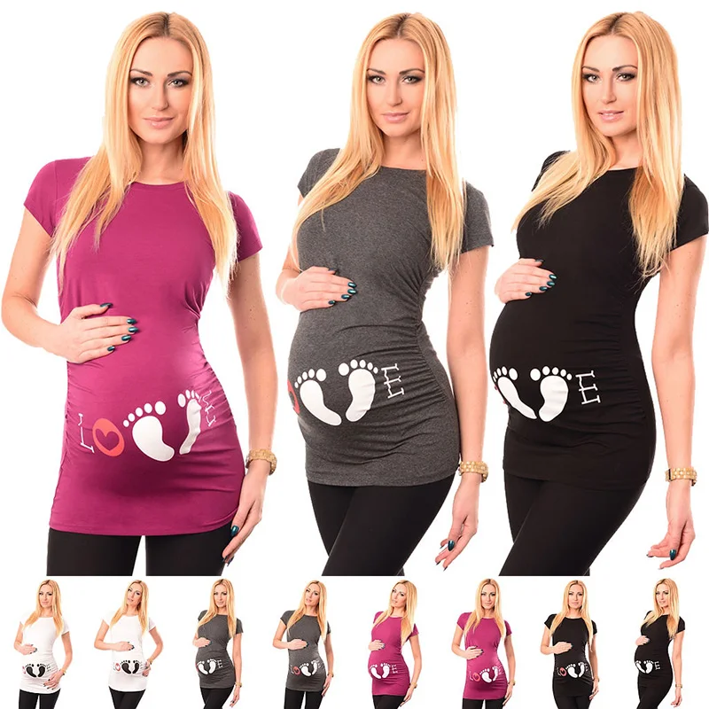 

Women Maternity Solid Sexy O-neck Short Sleeve Tops Pregnant Nursing Soft Print Blouse Clothing