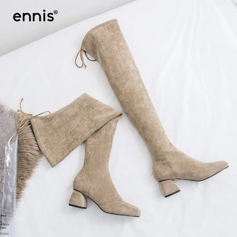 

ENNIS 2019 Chunky High Heel Over Knee Boots Womens Laces Knee High Boots Suede Flock Shoes Kahki Black Female Winter Boots L816