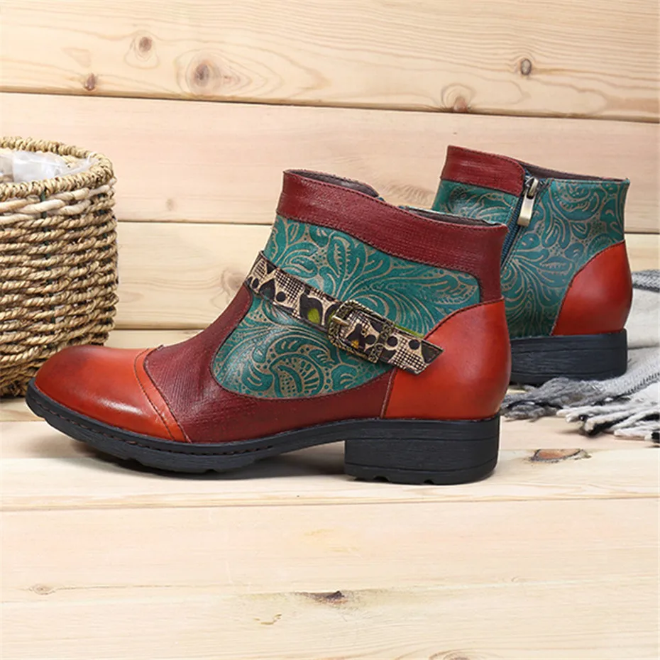 New Plant Texture Female Chelsea Boots Shoes Genuine Leather Stitching Craft Ladies Short Boots Flat Casual Zipper Women's Boots (10)