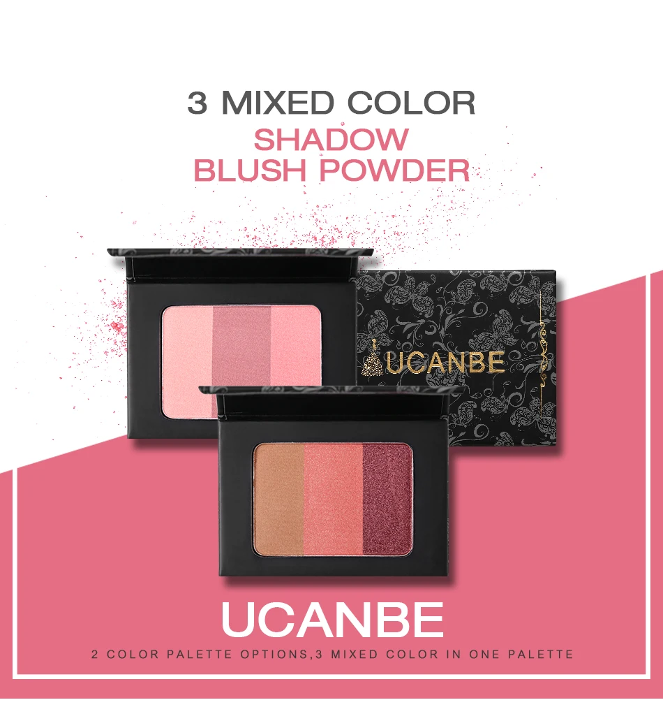 UCANBE Brand 3 In 1 Mineral Blush Makeup Palette Face Cheek Bronzer Blusher Shading Pressed Powder Contour Natural Pink Cosmetic