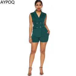 AYPOQ деловой пикантный женский костюм жилет шорты комплект Элегантный атлас комплект из 2 предметов двубортные Топы Bodycon Короткие брюки