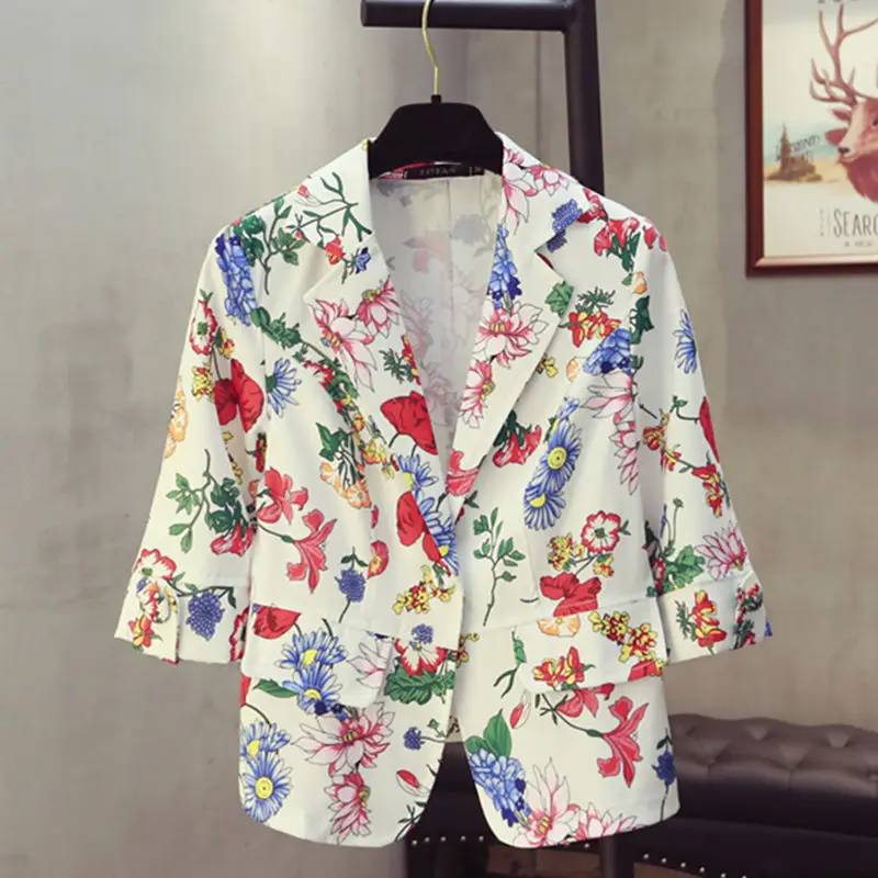 

Plus Size Women Blazer Spring Floral Printing Suit Slim Was Thin Blazer White Suit Fashion Office Lady Jacket Femme Coat MZ2598