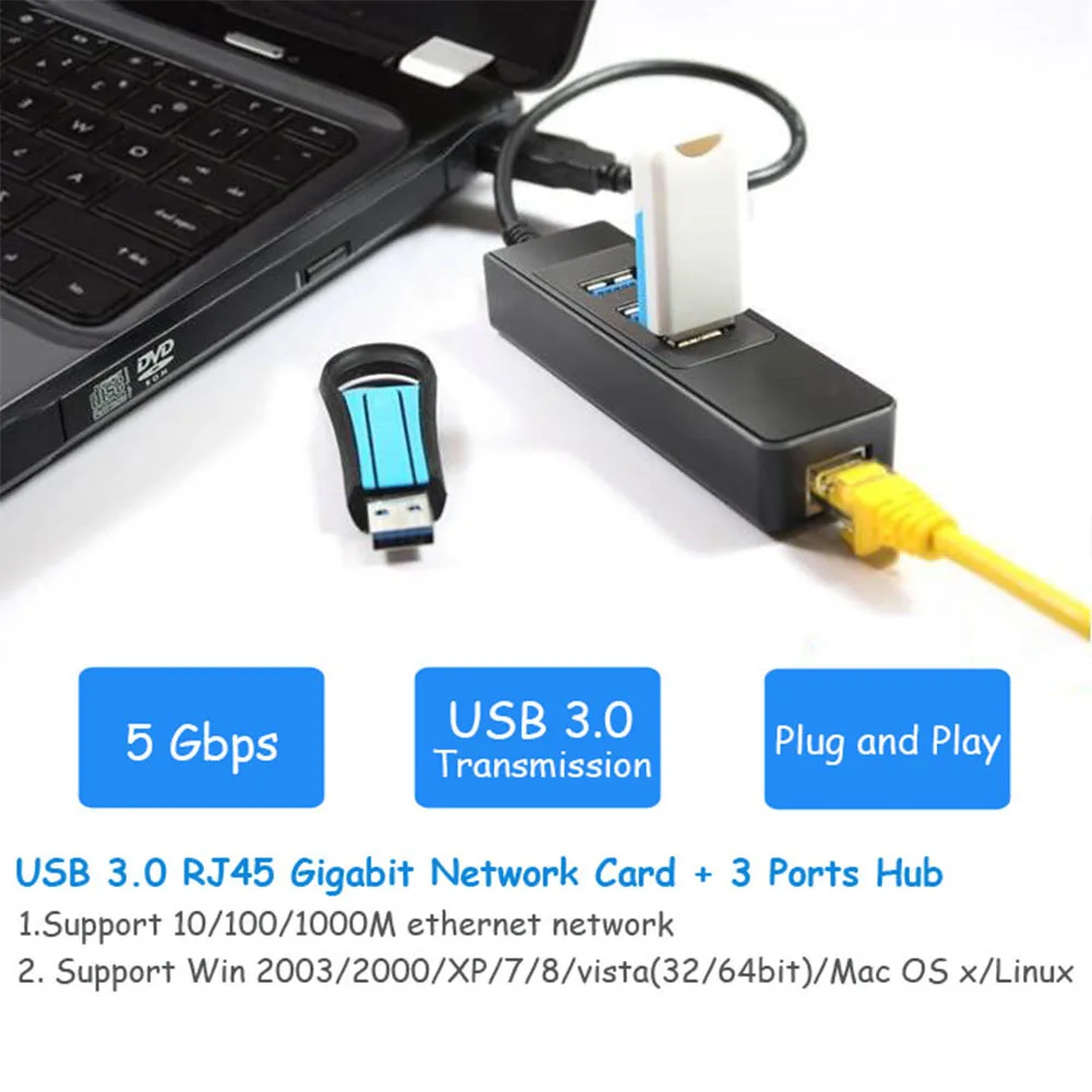 Высокая скорость 3 Порты USB 3,0 концентратор 10/100/1000 Мбит/с на RJ45 Gigabit Ethernet LAN проводной сетевой адаптер конвертер для компьютера ПК