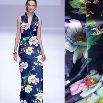 

118CM Wide 19MM 93% Silk & 7% Spandex Pink White Floral Print Stretch Blue Silk Satin Fabric for Dress Cheongsam Jacket D1029