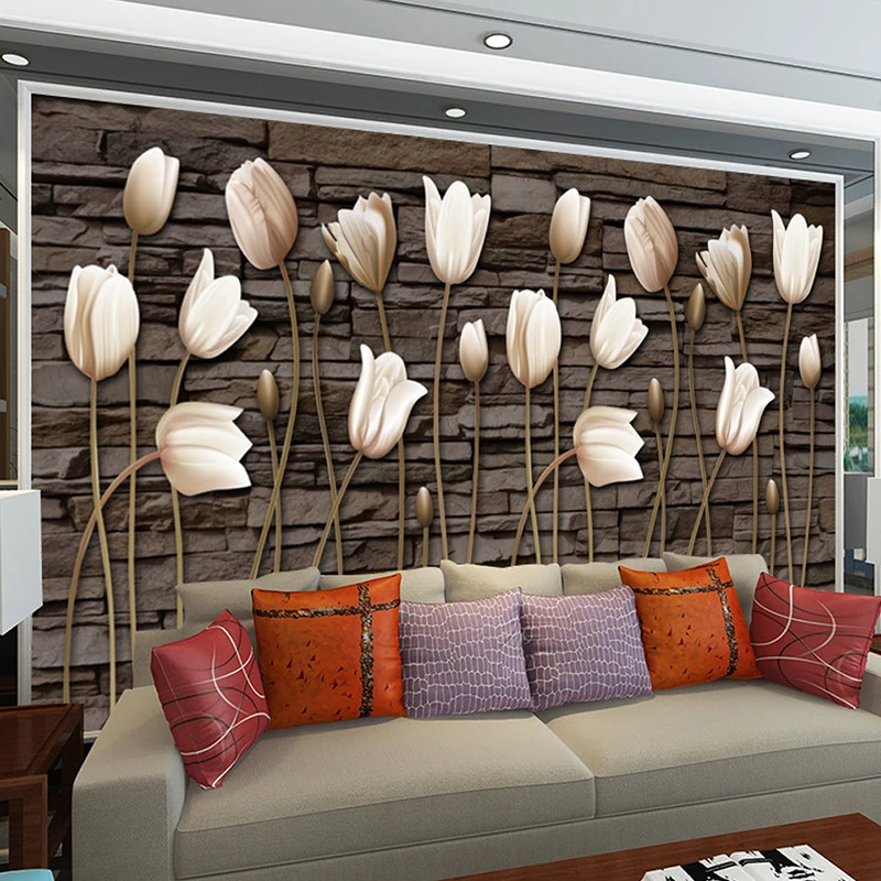 

Custom 3d Photo Wallpaper Mural Living Room Tulip Retro Brick Wall European 3d Painting Sofa TV Background Non-woven Wallpapers