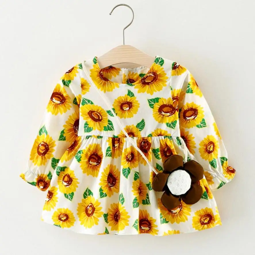 

3 kinds Toddler Baby Girls Long Sleeve Flower Dress With Bag Princess Casual Dresses super cute and sweet cotton July31