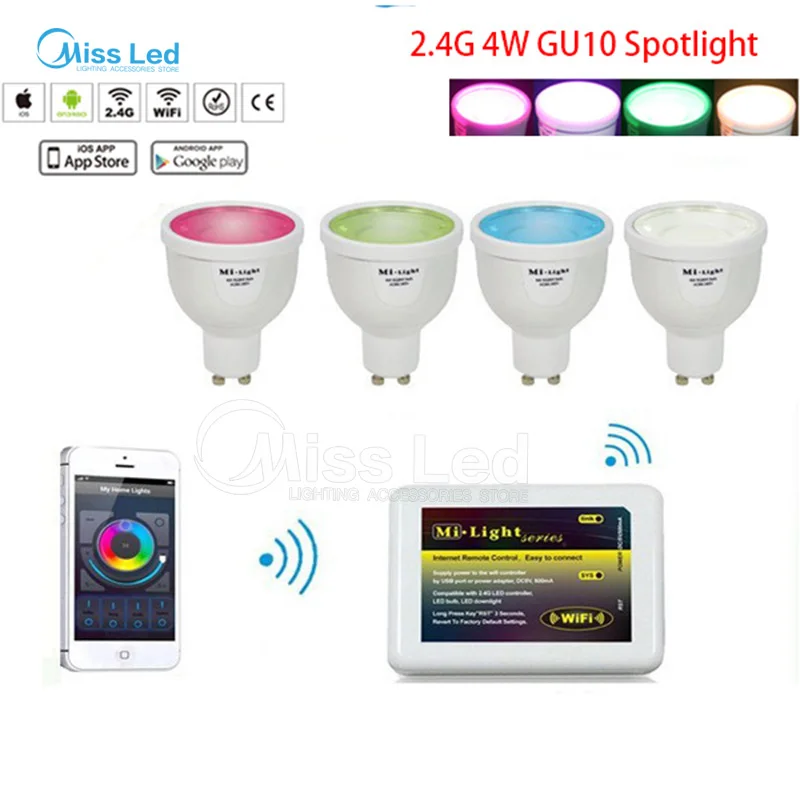 

1x Mi light Wifi controller + 4 x 4w GU10 led spotlight bulb RGBW(RGB+White/Warm white) change color/brightness with controller