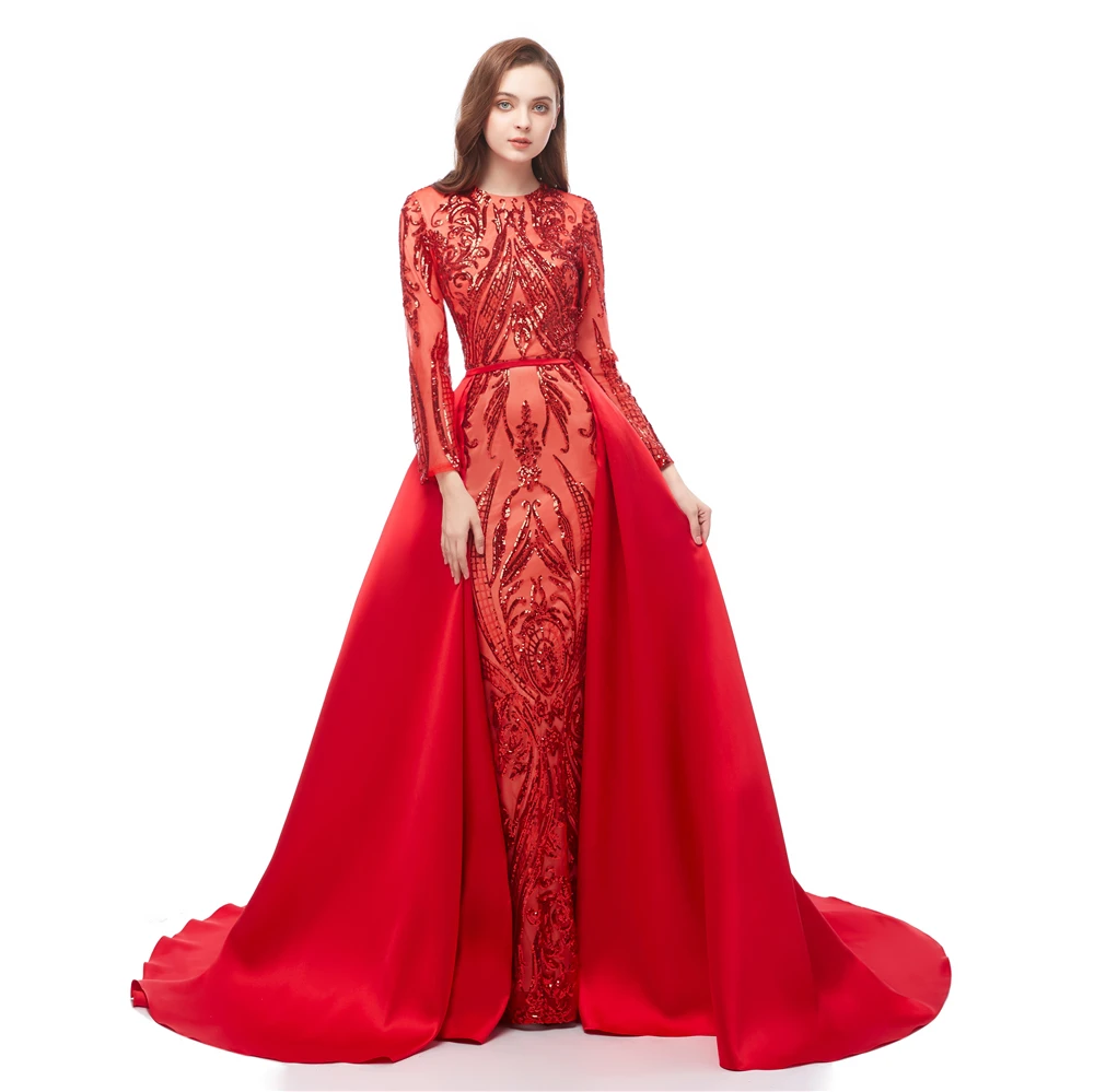 

2019 Long sleeve red sequined lace fishtail evening dress big tail long dress sexy prom cocktail dress