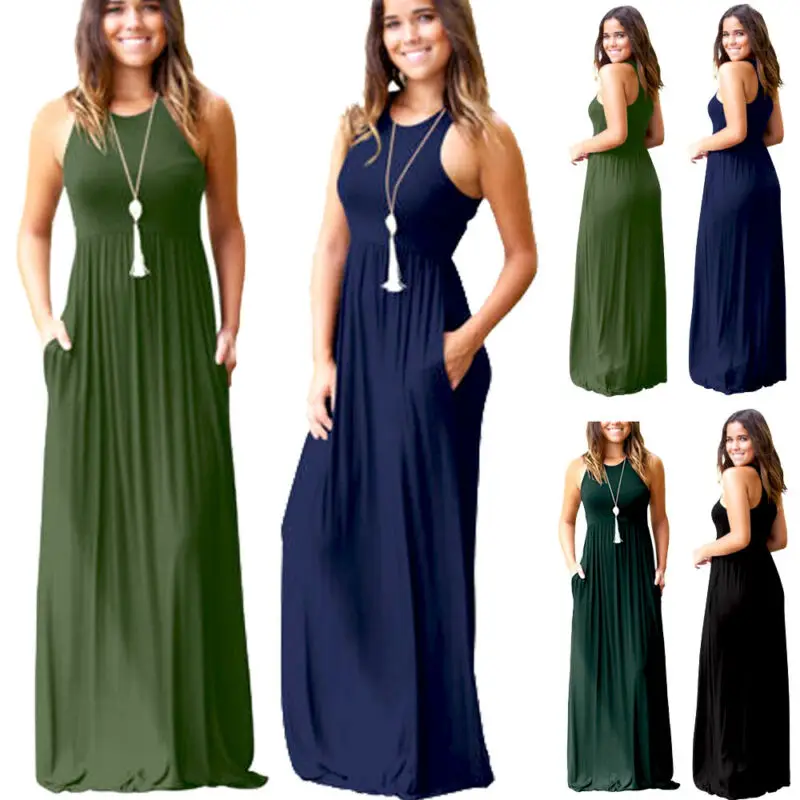 

New 2019 Women Summer Solid Dress Boho Casual Long Maxi Evening Party Sleeveless High Waist Beach Dresses Sundress