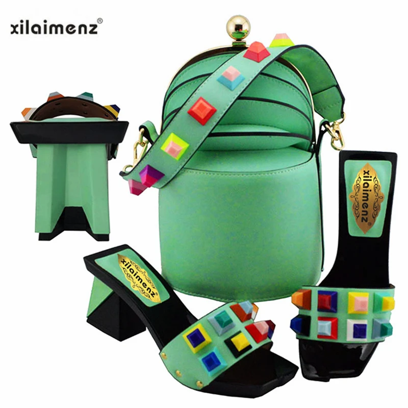 

2019 Spring Special Design Mint Green Color Nigerian Ladies Shoe Matching Bag Novelty Style Slipper for New Year Party