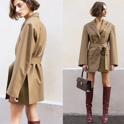 Новое поступление, модное дизайнерское длинное платье, пиджак, женское элегантное пальто с длинным рукавом и поясом, Женское пальто - Цвет: Хаки