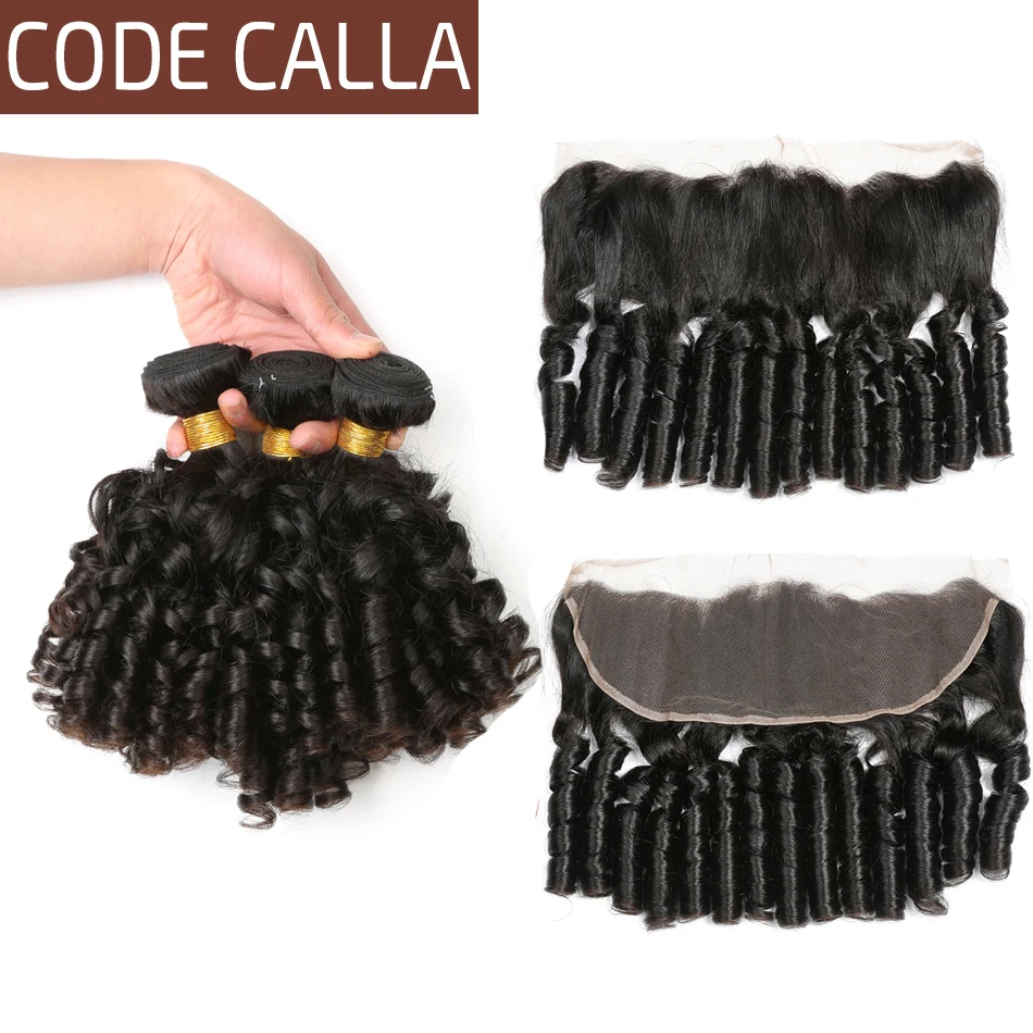 

Code Calla Bouncy Curly Hair Bundles Brazilian Remy Human Hair Weave Extensions Bundles With 13*4 Lace Frontal Natural Black