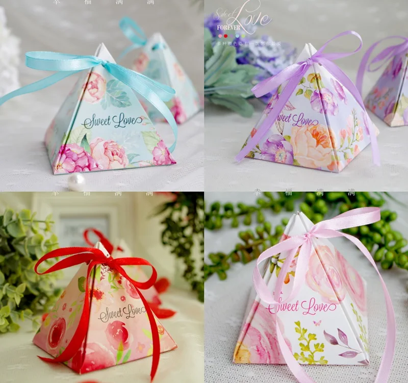 

100 x New Arrival Pink Purple Blue Red Green Gift Box Triangular Pyramid Wedding Favors Candy Boxes Party Supplies With Ribbons