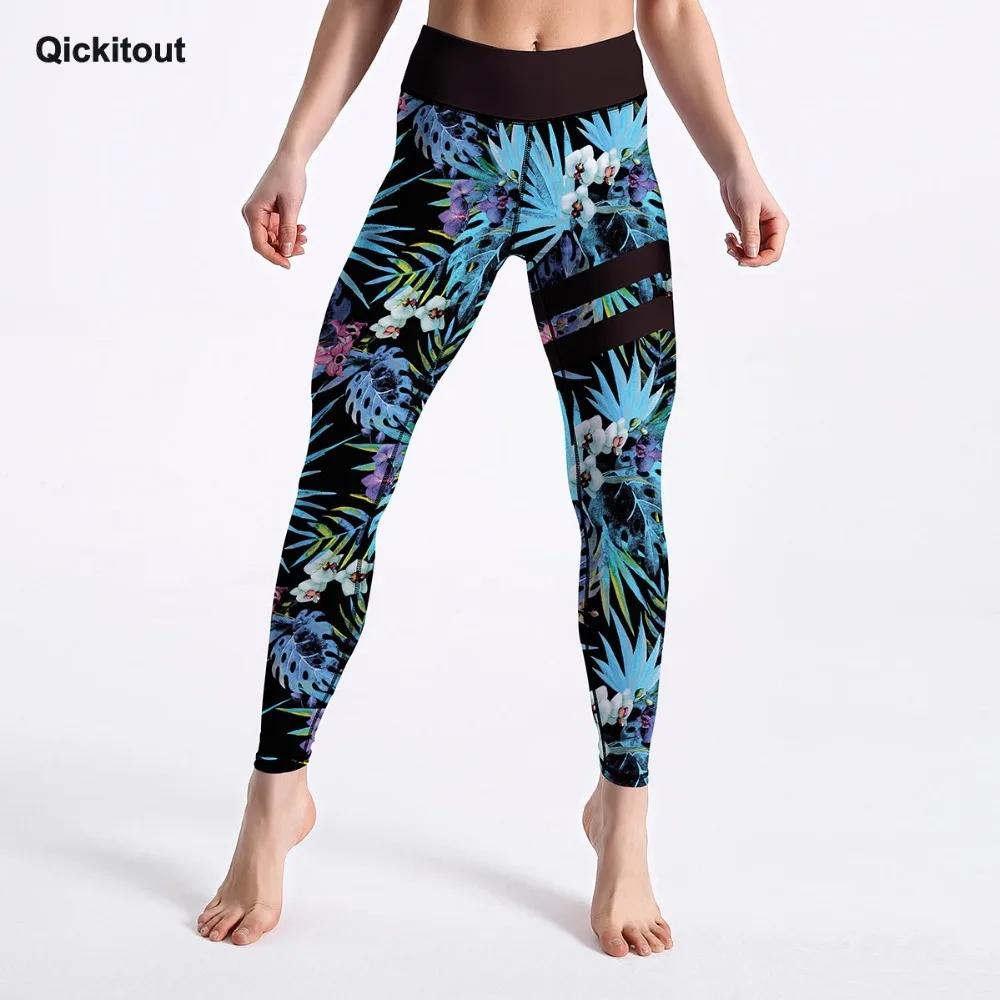 Qickitout Neue Ankunft Motte Orchidee mit Blau Blätter Gedruckt frauen Leggings Lässige Workout Fitness Bottom Patchwork Muster