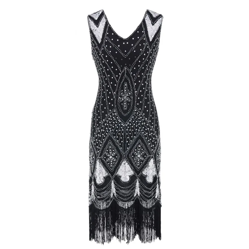 Women 1920 s Gatsby Dress Summer Sexy Party Dresses Beading V Neck Vintage Tassel Stripe Sequin Draped Fringe Flapper Dress (6)