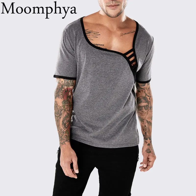 Tanie Moomphya głęboki dekolt w serek mężczyzna t koszula łączenie netto niski dekolt fajna letnia koszulka męska Hip hop tshirt streetwear koszulki hombre topy
