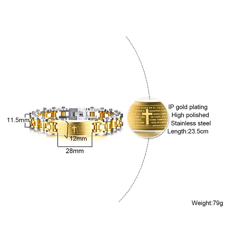Мужской двухтонный велосипедный браслет с библейским крестом из нержавеющей стали для мужчин, мотоциклетная велосипедная цепь, мужские ювелирные изделия 23,5 см