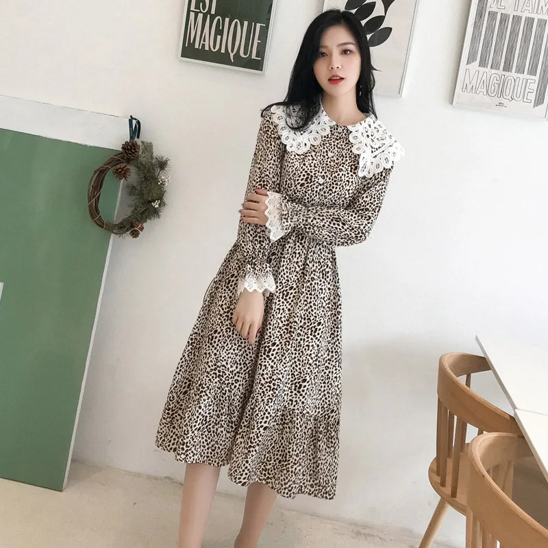 

BGTEEVER Vintage Leopard Print Lace Patchwork Women Dress A-line Peter pan Collar Mid-length Chiffon Female Vestidos 2019