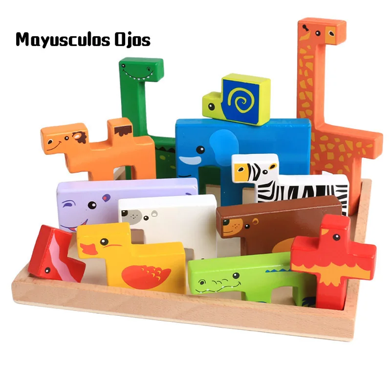 

ZH 1PC Wooden Cartoon Animals Hand Scraper Baby Child Toddler Building Blocks Three-dimensional Educational Toys 1-3 Years Old