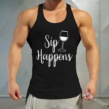 Стрингер фитнес топ с буквенным принтом красного вина стекло мужские майки жилет майка топы Бодибилдинг без рукавов рубашка