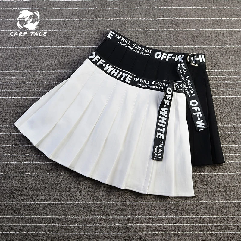 

2019 college style new skirt female slim elastic waist pleated skirt ribbon double zipper skirt student casual wild tide skirt