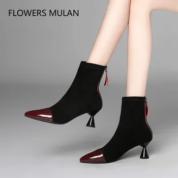 

New Designers Famous Brand Women Ankle Boots Pointed Toe Patchwork Patent Leather Stretch Fabric Sock Botas Ladies Shoes 6.5 CM