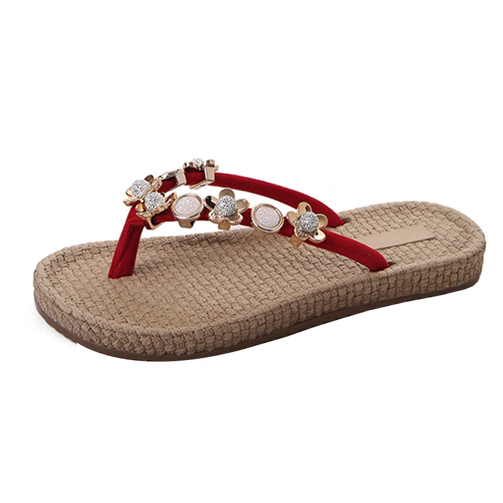 

SAGACE Fashion Ladies Slipper Flat with Shoes Summer Woman's Beach Shoes Rhinestone Metal Fashion Flat Bottom Beach Slippers