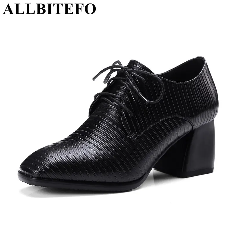 

ALLBITEFO plus size:34-42 genuine leather square toe women pumps spring medium heel girls shoes high heels high heel shoes